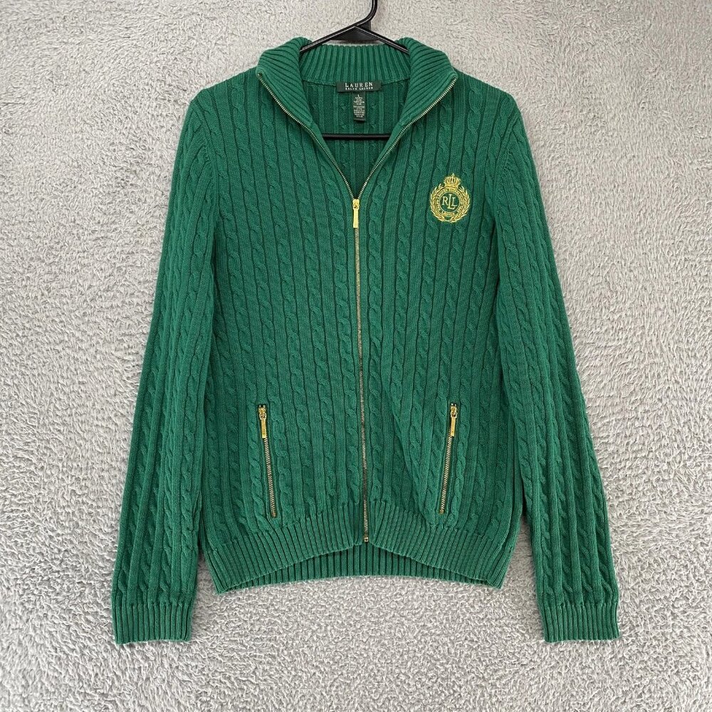 Lauren Ralph Lauren Sweater  Green Cable Knit Y2K Crest 90s Preppy